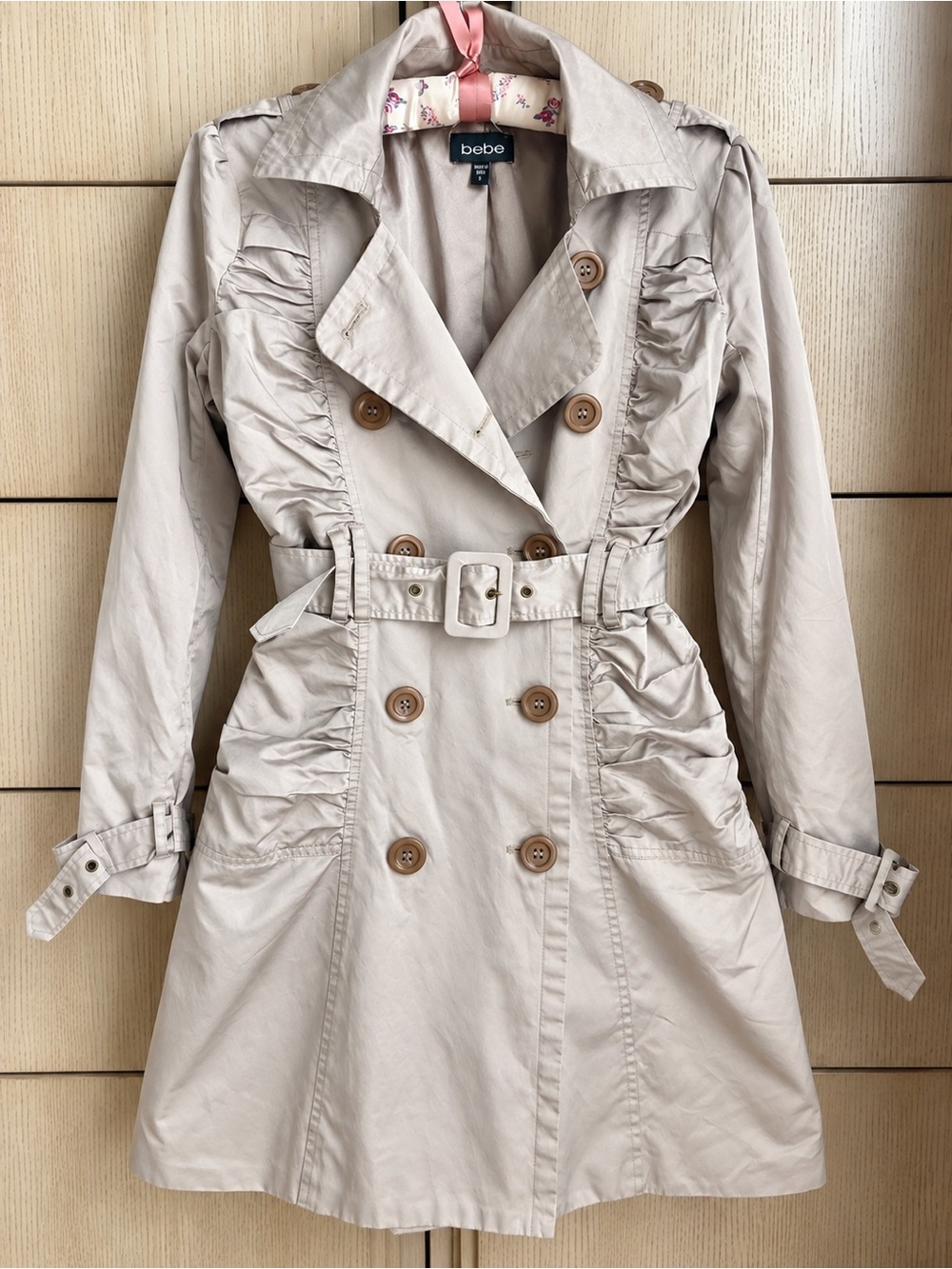 Bebe Ruched Belted Trench Coat Beige Taupe Y2K Size S